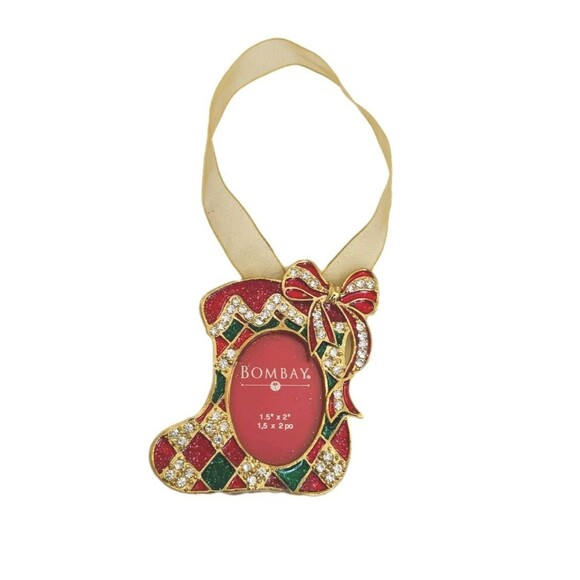 Vintage Bombay Christmas Stocking Ornament Photo Picture Frame Faux Rhinestone - Picture 1 of 14